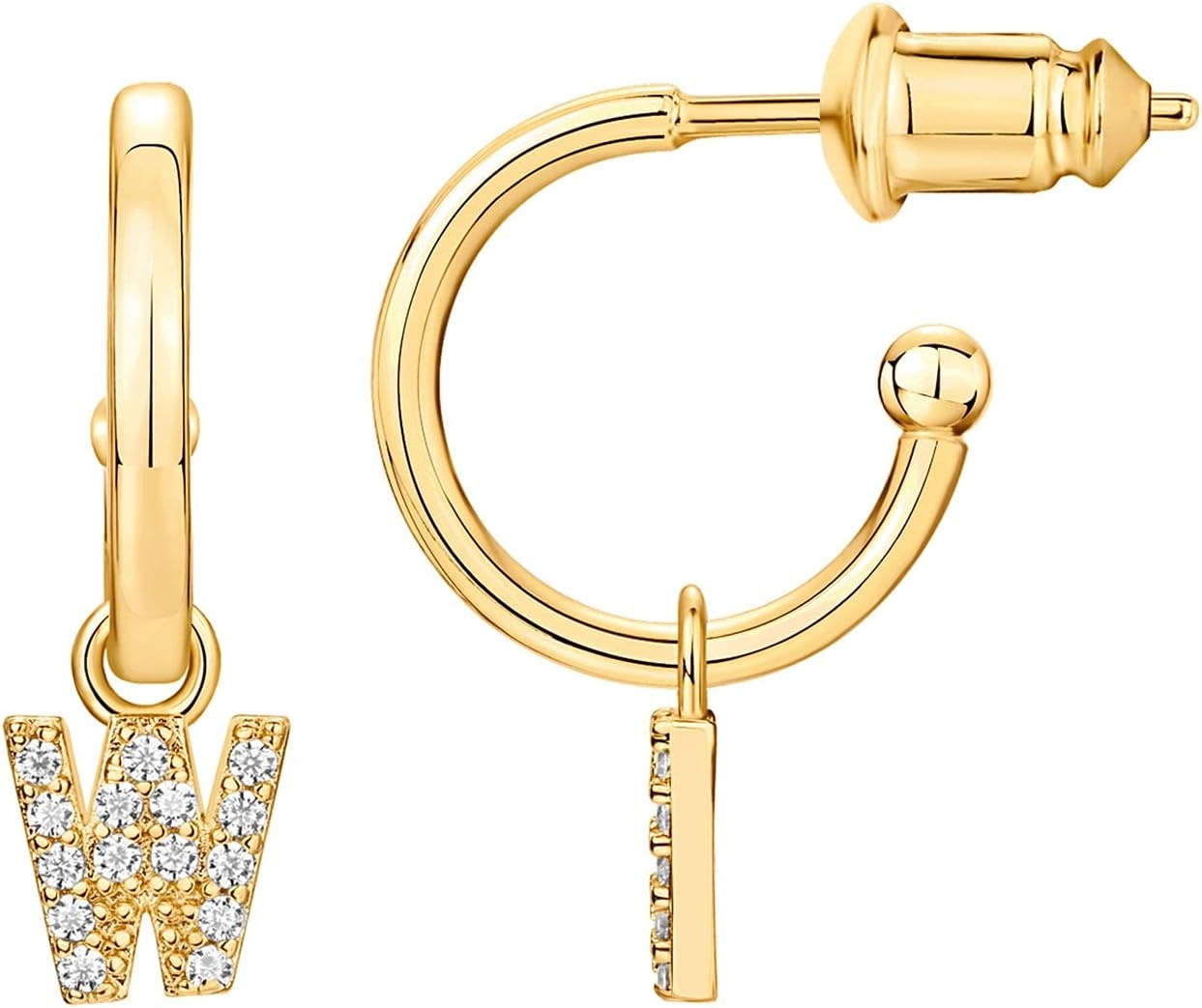 image:imagePAVOI 14K Gold Plated 925 Sterling Silver Post Huggie Earring with Initial Dangle CZ Huggie Hoop Earrings Womens Cubic Zirconia Initial HuggiesYellow Gold
