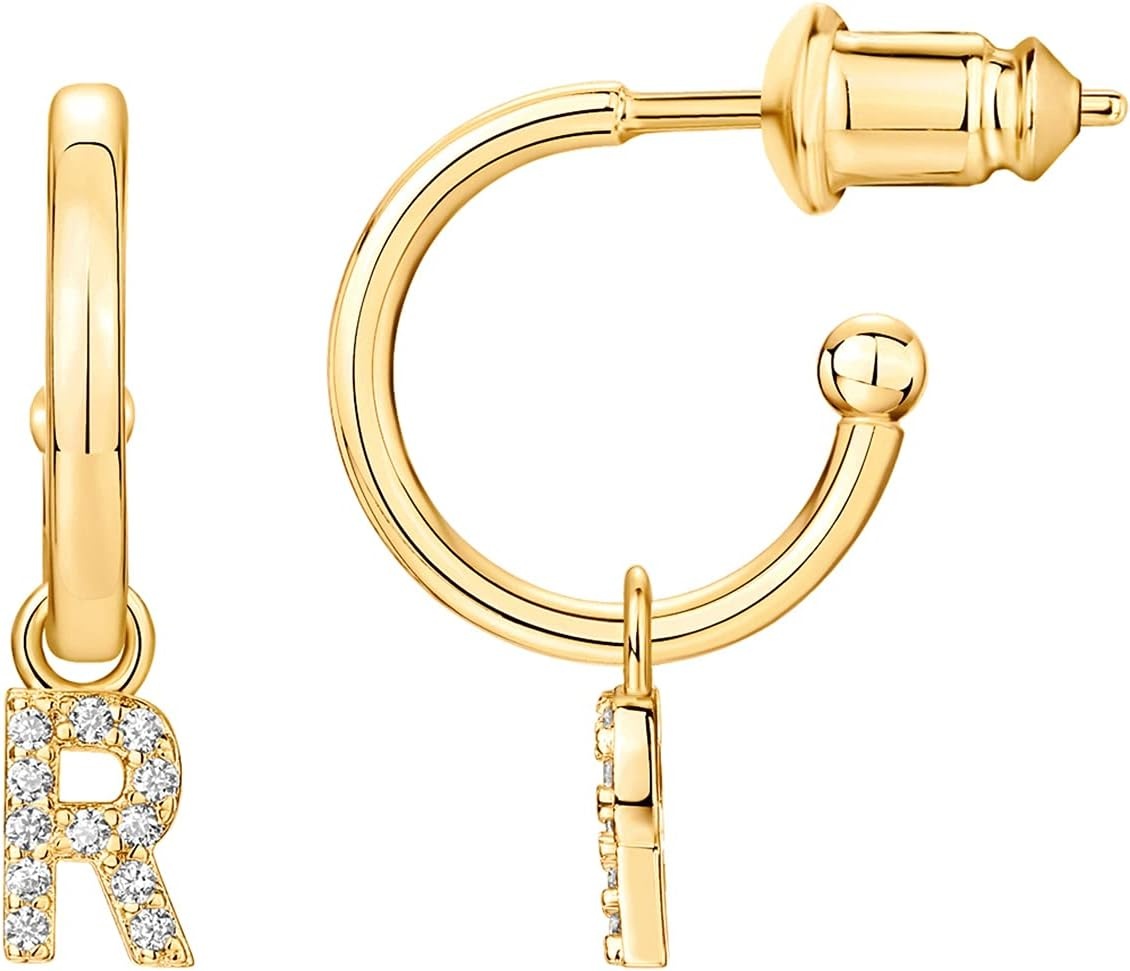 image:imagePAVOI 14K Gold Plated 925 Sterling Silver Post Huggie Earring with Initial Dangle CZ Huggie Hoop Earrings Womens Cubic Zirconia Initial HuggiesYellow Gold