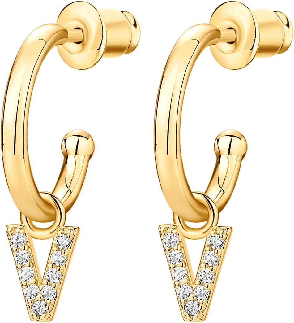 image:imagePAVOI 14K Gold Plated 925 Sterling Silver Post Huggie Earring with Initial Dangle CZ Huggie Hoop Earrings Womens Cubic Zirconia Initial HuggiesYellow Gold