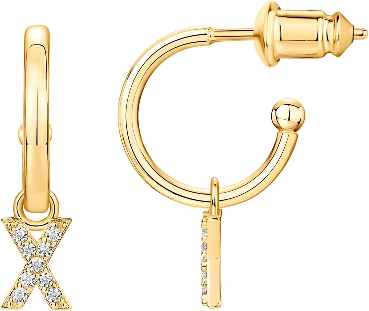 image:imagePAVOI 14K Gold Plated 925 Sterling Silver Post Huggie Earring with Initial Dangle CZ Huggie Hoop Earrings Womens Cubic Zirconia Initial HuggiesYellow Gold