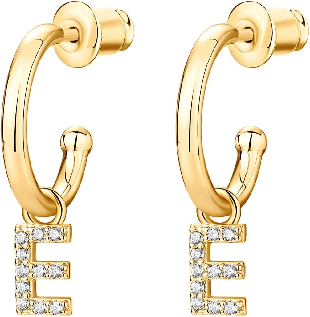 image:imagePAVOI 14K Gold Plated 925 Sterling Silver Post Huggie Earring with Initial Dangle CZ Huggie Hoop Earrings Womens Cubic Zirconia Initial HuggiesYellow Gold