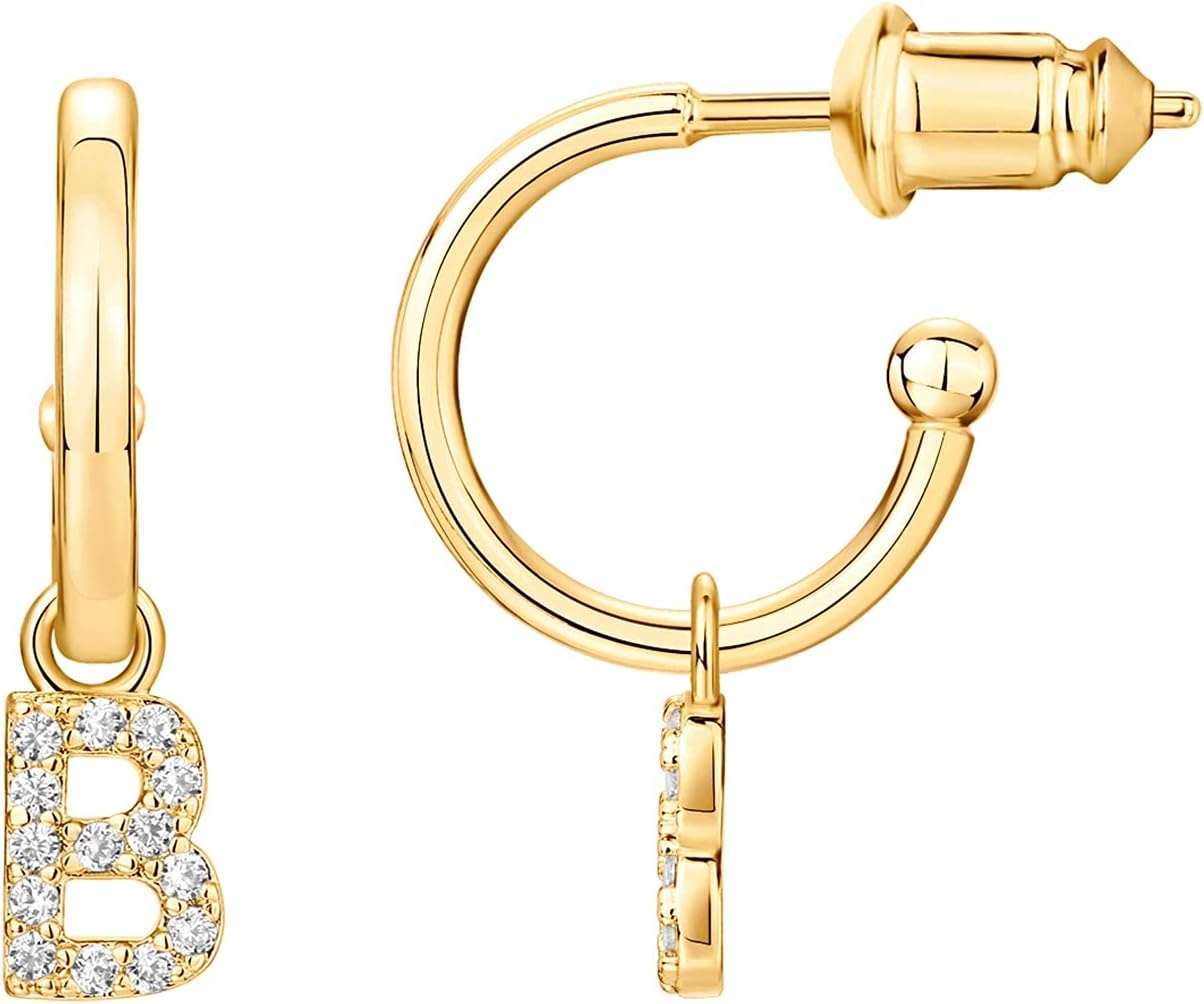 image:imagePAVOI 14K Gold Plated 925 Sterling Silver Post Huggie Earring with Initial Dangle CZ Huggie Hoop Earrings Womens Cubic Zirconia Initial HuggiesYellow Gold