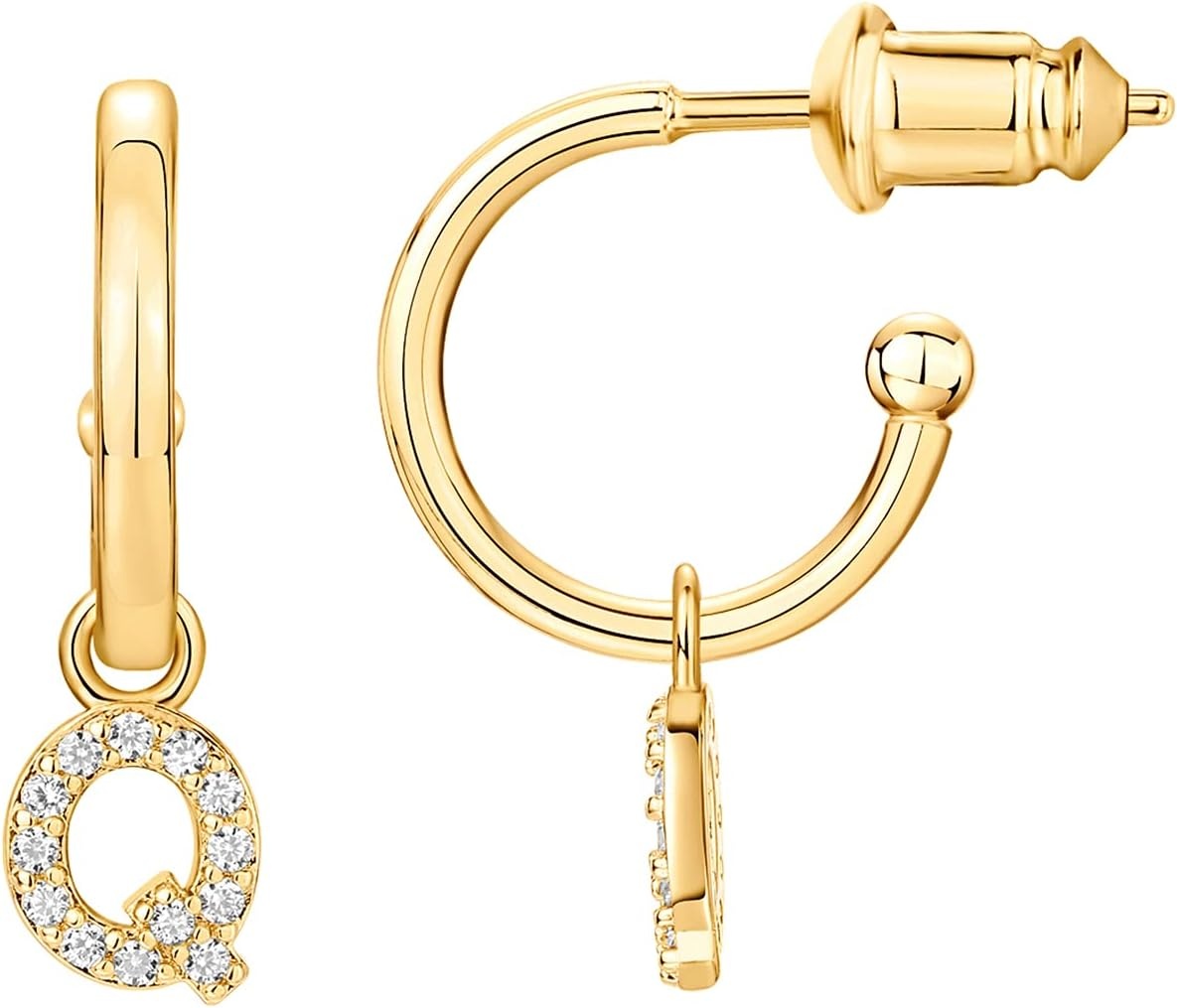 image:imagePAVOI 14K Gold Plated 925 Sterling Silver Post Huggie Earring with Initial Dangle CZ Huggie Hoop Earrings Womens Cubic Zirconia Initial HuggiesYellow Gold