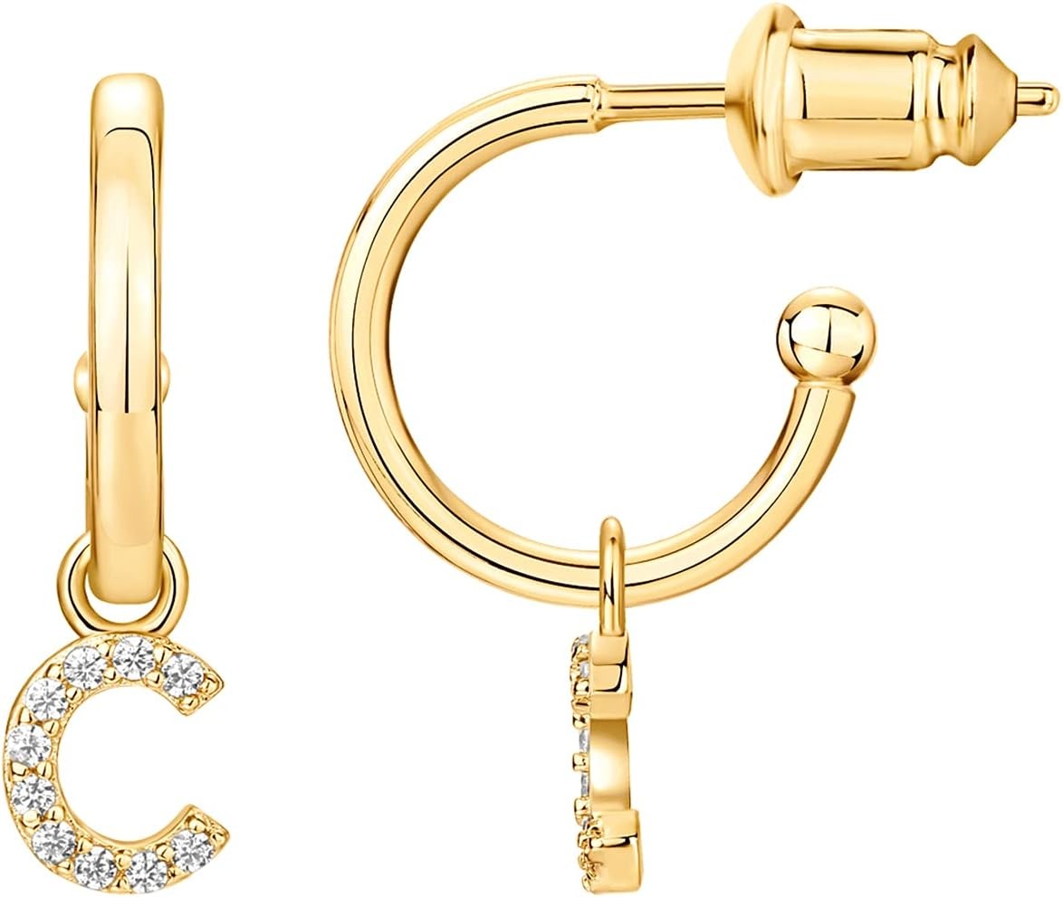 image:imagePAVOI 14K Gold Plated 925 Sterling Silver Post Huggie Earring with Initial Dangle CZ Huggie Hoop Earrings Womens Cubic Zirconia Initial HuggiesYellow Gold