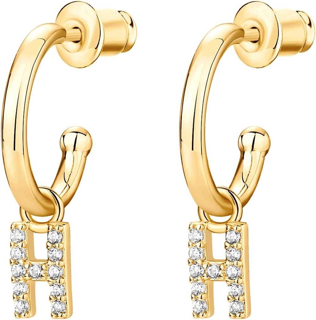 image:imagePAVOI 14K Gold Plated 925 Sterling Silver Post Huggie Earring with Initial Dangle CZ Huggie Hoop Earrings Womens Cubic Zirconia Initial HuggiesYellow Gold