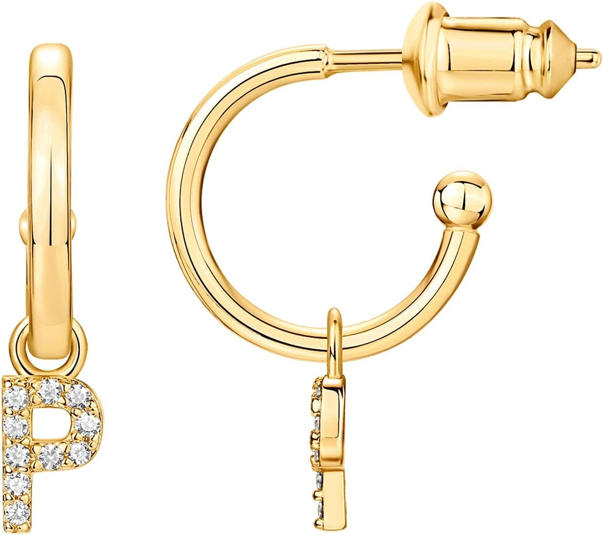 image:imagePAVOI 14K Gold Plated 925 Sterling Silver Post Huggie Earring with Initial Dangle CZ Huggie Hoop Earrings Womens Cubic Zirconia Initial HuggiesYellow Gold