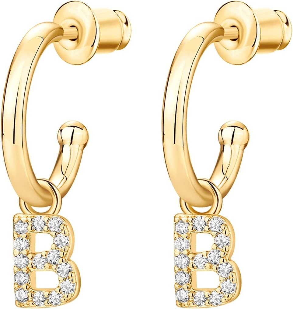 image:imagePAVOI 14K Gold Plated 925 Sterling Silver Post Huggie Earring with Initial Dangle CZ Huggie Hoop Earrings Womens Cubic Zirconia Initial HuggiesYellow Gold