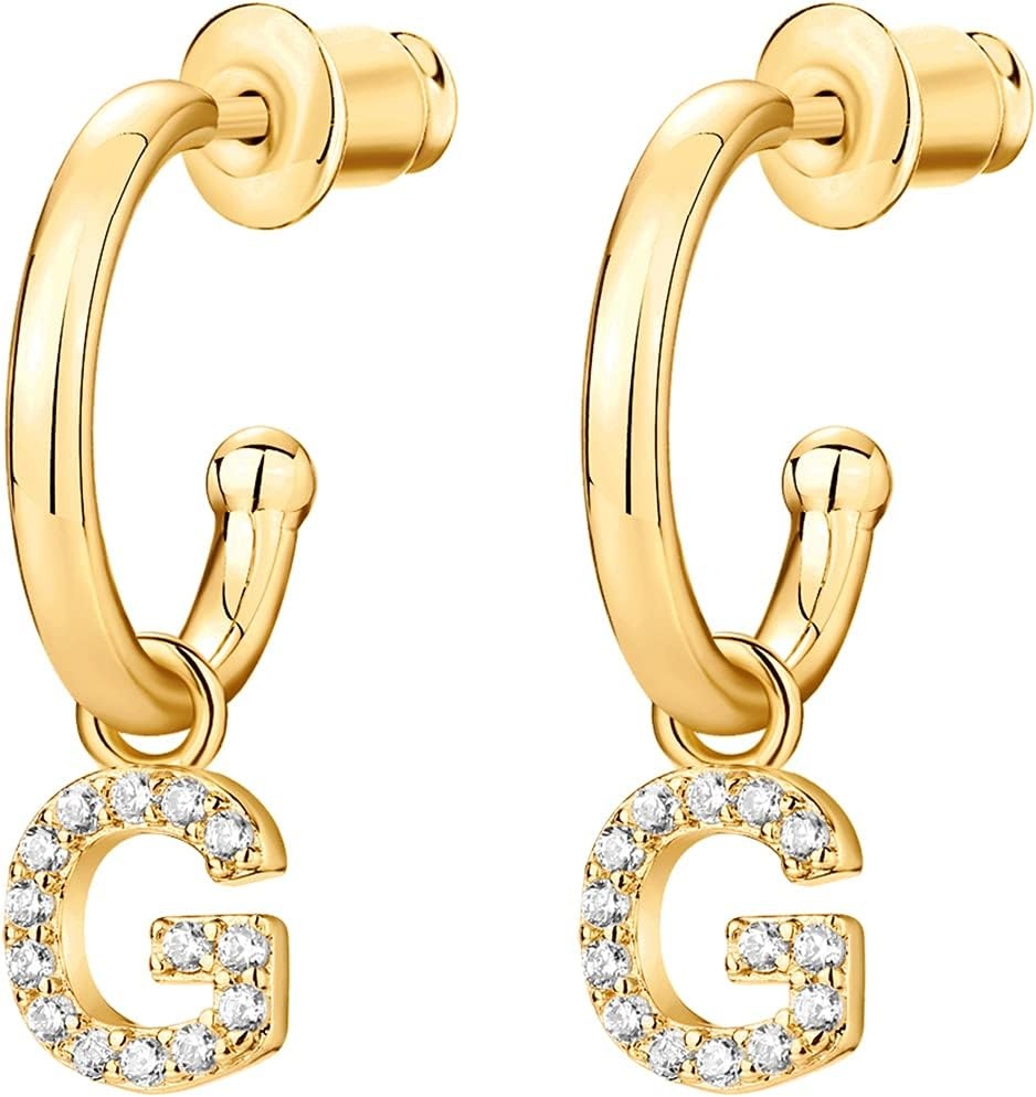 image:imagePAVOI 14K Gold Plated 925 Sterling Silver Post Huggie Earring with Initial Dangle CZ Huggie Hoop Earrings Womens Cubic Zirconia Initial HuggiesYellow Gold