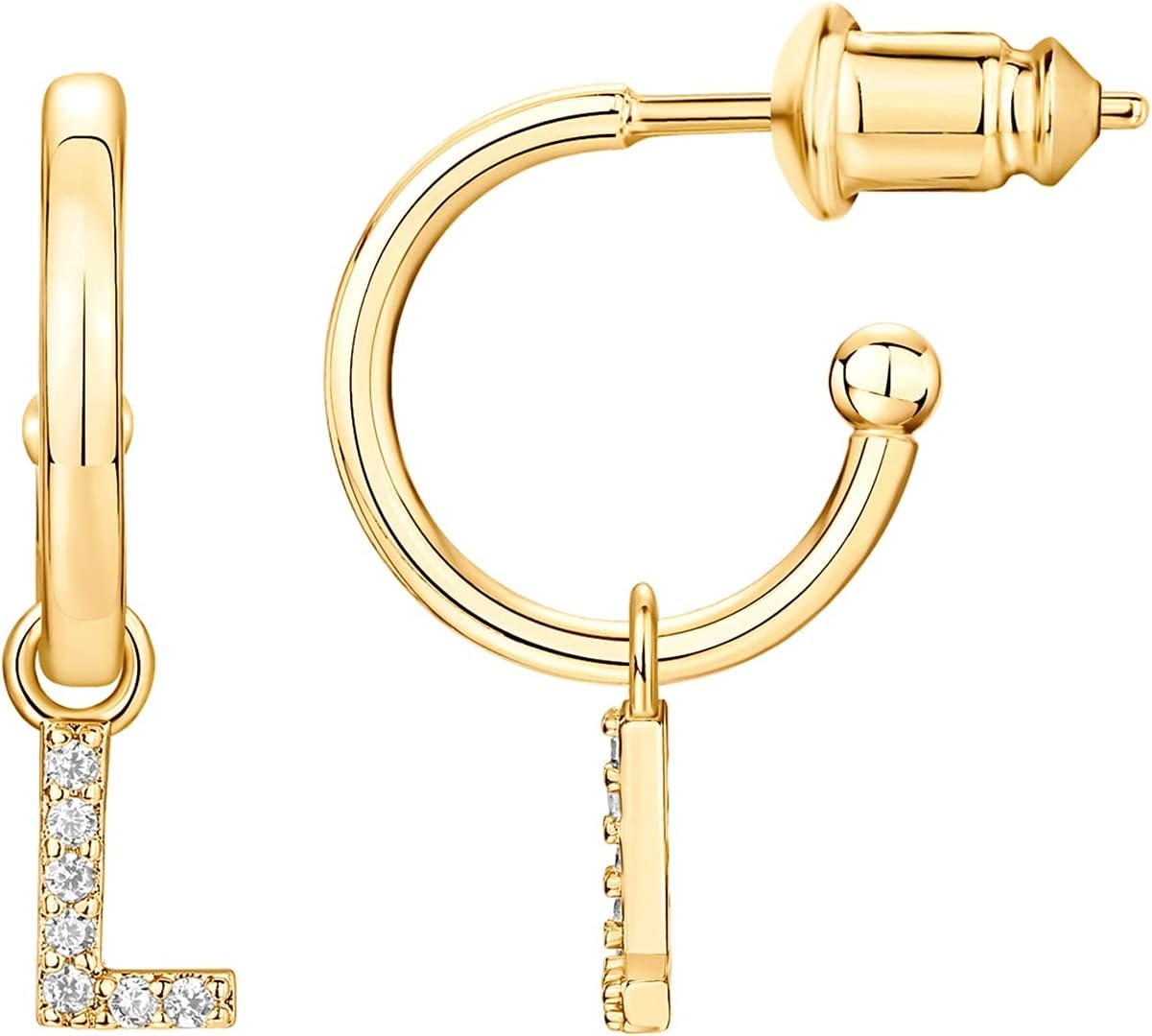 image:imagePAVOI 14K Gold Plated 925 Sterling Silver Post Huggie Earring with Initial Dangle CZ Huggie Hoop Earrings Womens Cubic Zirconia Initial HuggiesYellow Gold