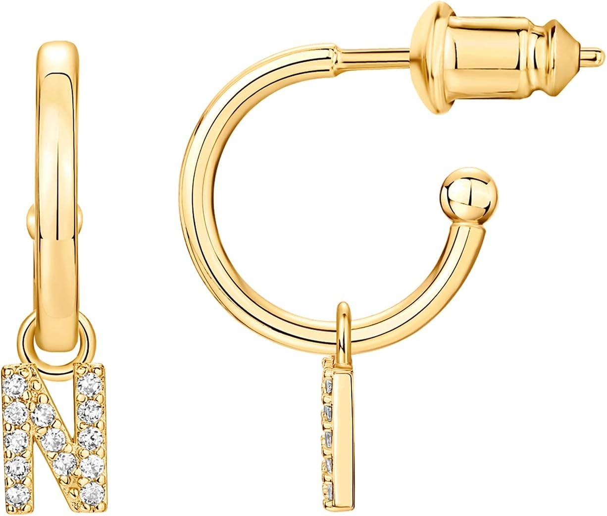 image:imagePAVOI 14K Gold Plated 925 Sterling Silver Post Huggie Earring with Initial Dangle CZ Huggie Hoop Earrings Womens Cubic Zirconia Initial HuggiesYellow Gold