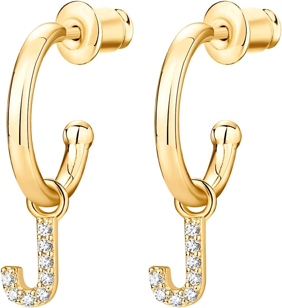 image:imagePAVOI 14K Gold Plated 925 Sterling Silver Post Huggie Earring with Initial Dangle CZ Huggie Hoop Earrings Womens Cubic Zirconia Initial HuggiesYellow Gold
