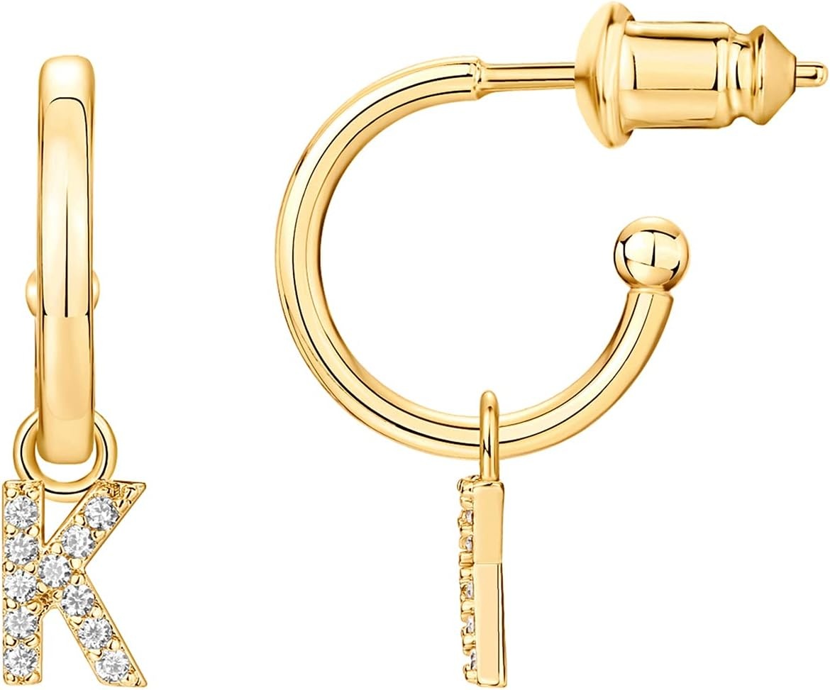 image:imagePAVOI 14K Gold Plated 925 Sterling Silver Post Huggie Earring with Initial Dangle CZ Huggie Hoop Earrings Womens Cubic Zirconia Initial HuggiesYellow Gold