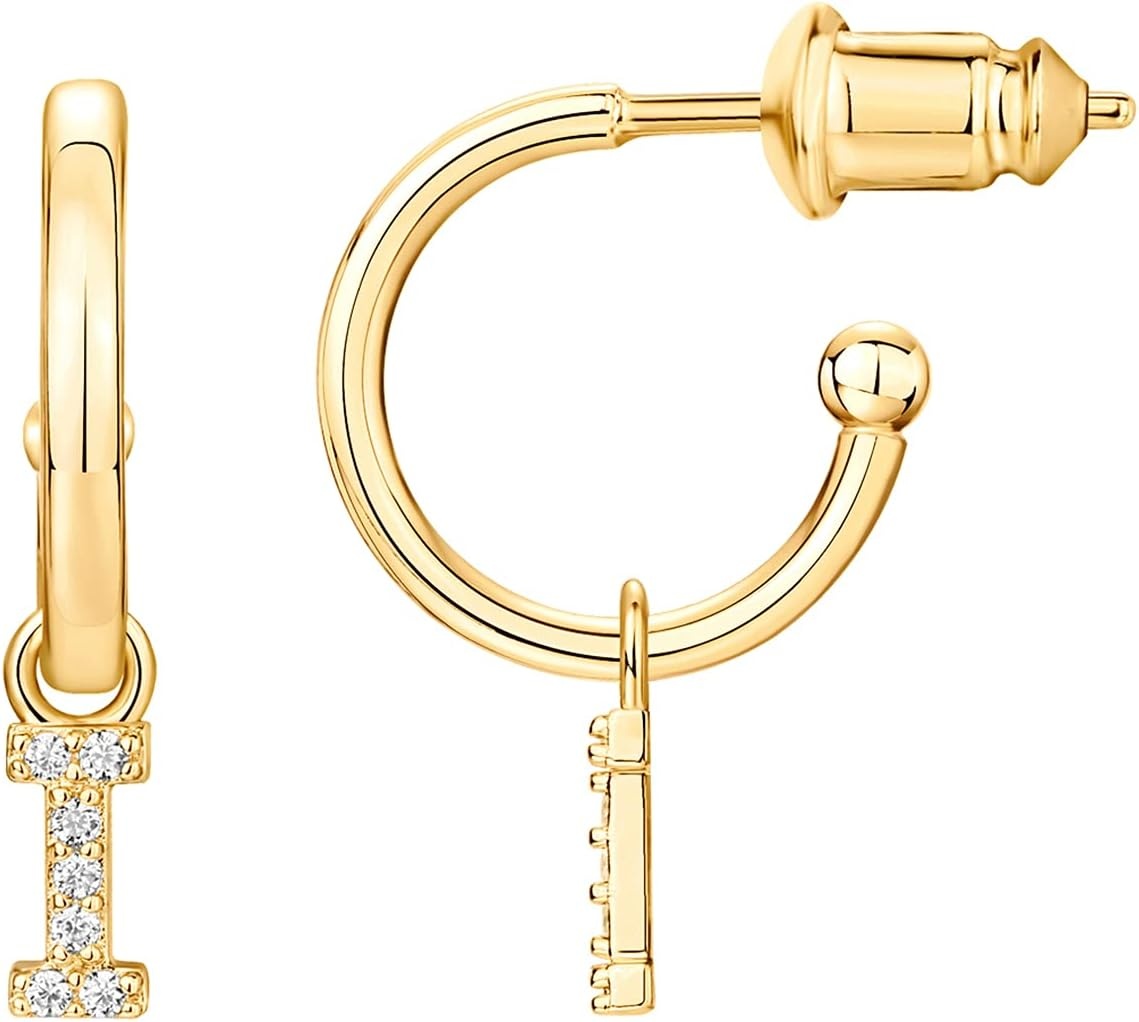 image:imagePAVOI 14K Gold Plated 925 Sterling Silver Post Huggie Earring with Initial Dangle CZ Huggie Hoop Earrings Womens Cubic Zirconia Initial HuggiesYellow Gold