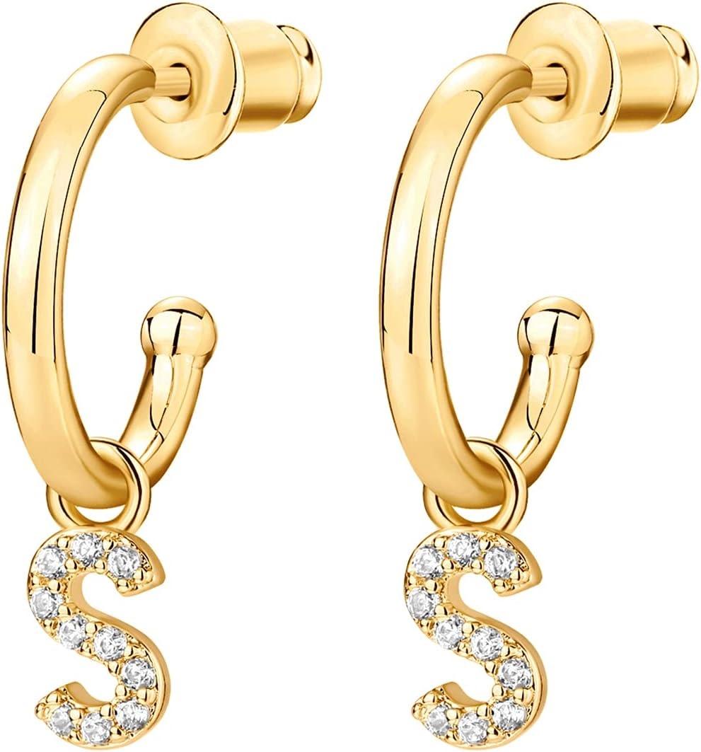 image:imagePAVOI 14K Gold Plated 925 Sterling Silver Post Huggie Earring with Initial Dangle CZ Huggie Hoop Earrings Womens Cubic Zirconia Initial HuggiesYellow Gold