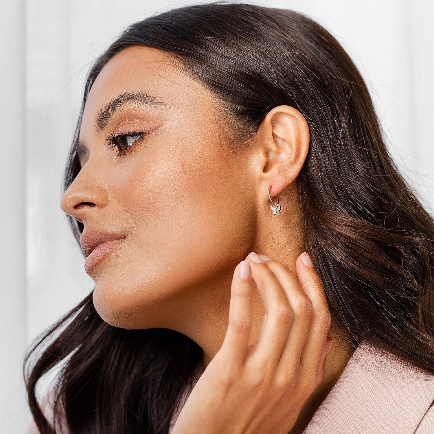 image:imagePAVOI 14K Gold Plated 925 Sterling Silver Post Huggie With Dangle Butterfly Evil Eye Hamsa Pearl Hoop Earring For Women Trendy Dangle Hoop EarringsRose Gold