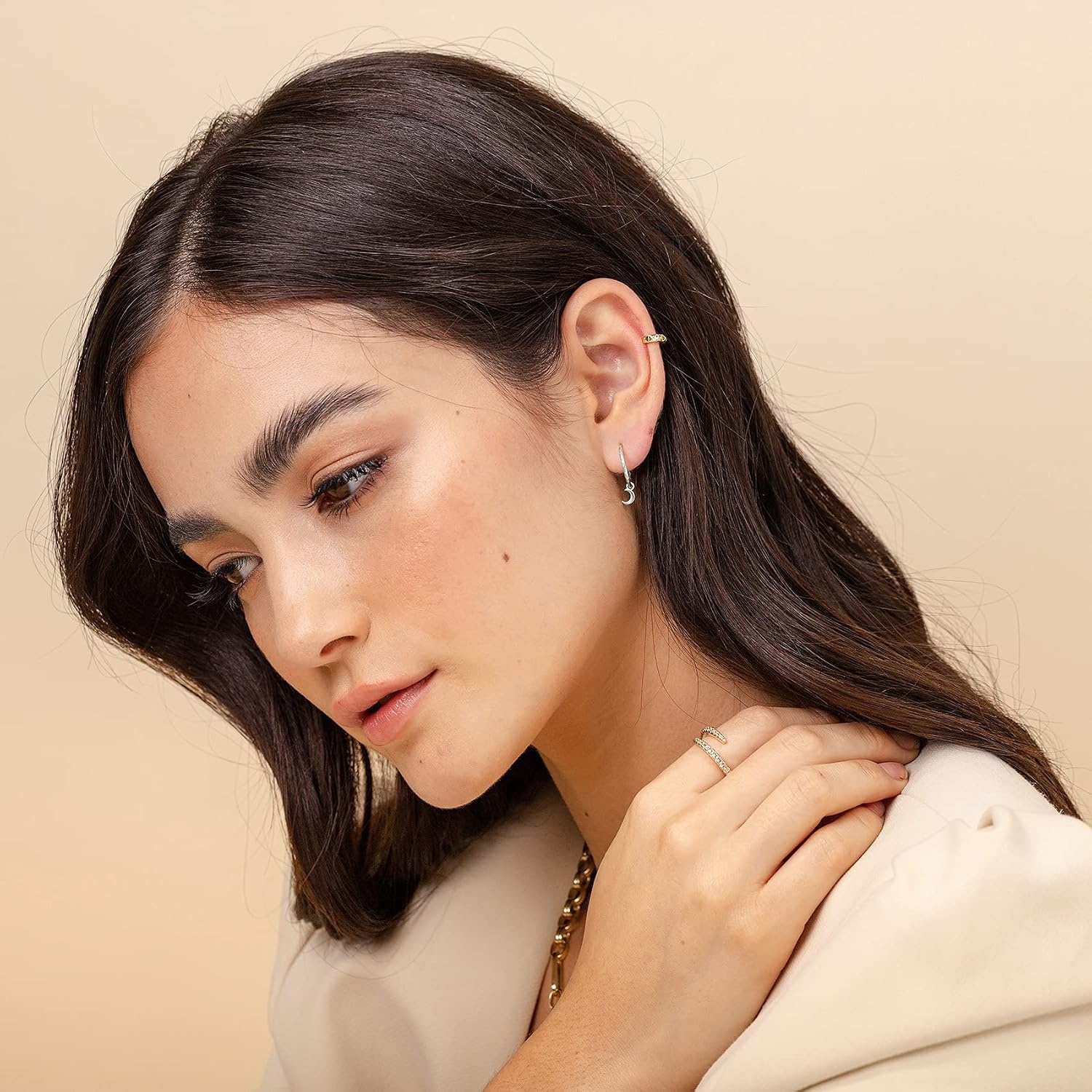image:imagePAVOI 14K Gold Plated 925 Sterling Silver Post Huggie With Dangle Small Hoop Earrings For Women Trendy Dangle Hoop EarringsWhite Gold