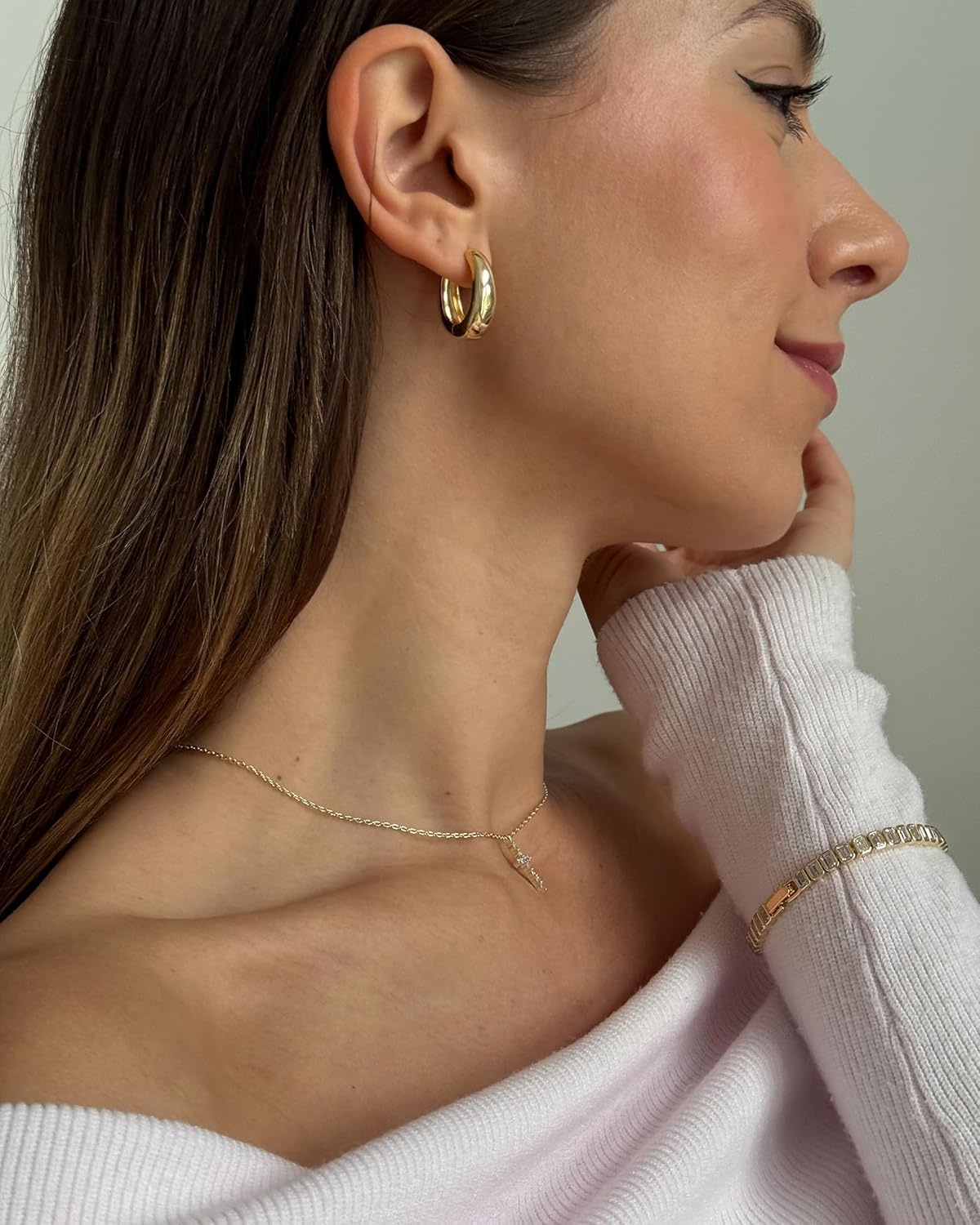 image:imagePAVOI 14K Gold Plated 925 Sterling Silver Post Small Chunky Hoops Earrings Thick Lightweight Gold Hoop Earrings for WomenWhite Gold