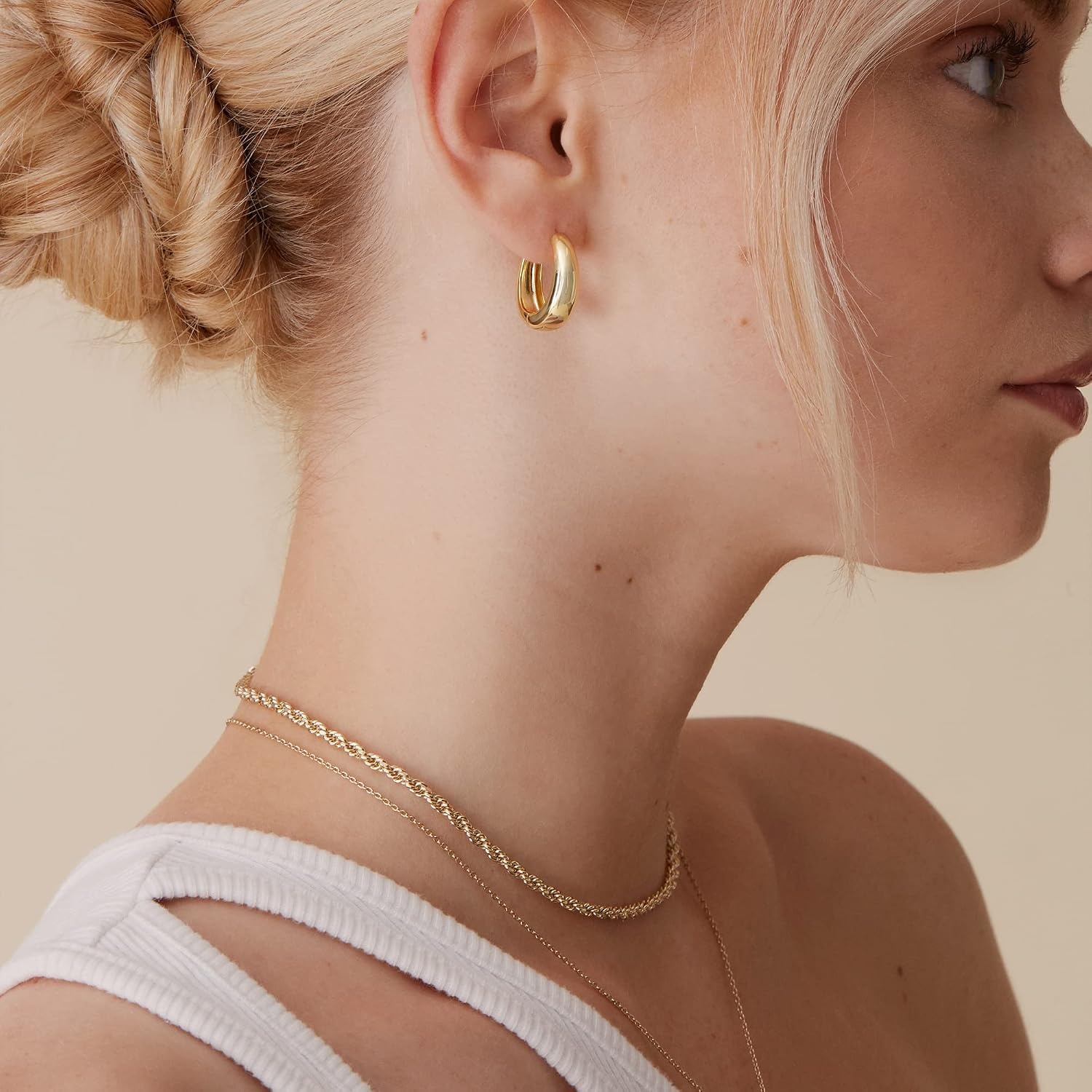image:imagePAVOI 14K Gold Plated 925 Sterling Silver Post Small Chunky Hoops Earrings Thick Lightweight Gold Hoop Earrings for WomenWhite Gold