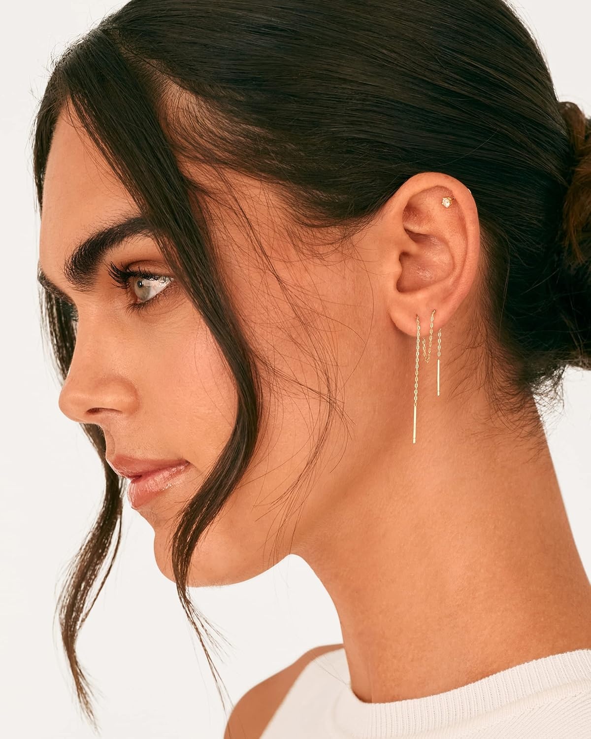image:imagePAVOI 14K Gold Plated 925 Sterling Silver Post Threader Earrings for Women Minimalist Gold Chain Earrings Double Piercings Dangle Twist WavyWhite Gold