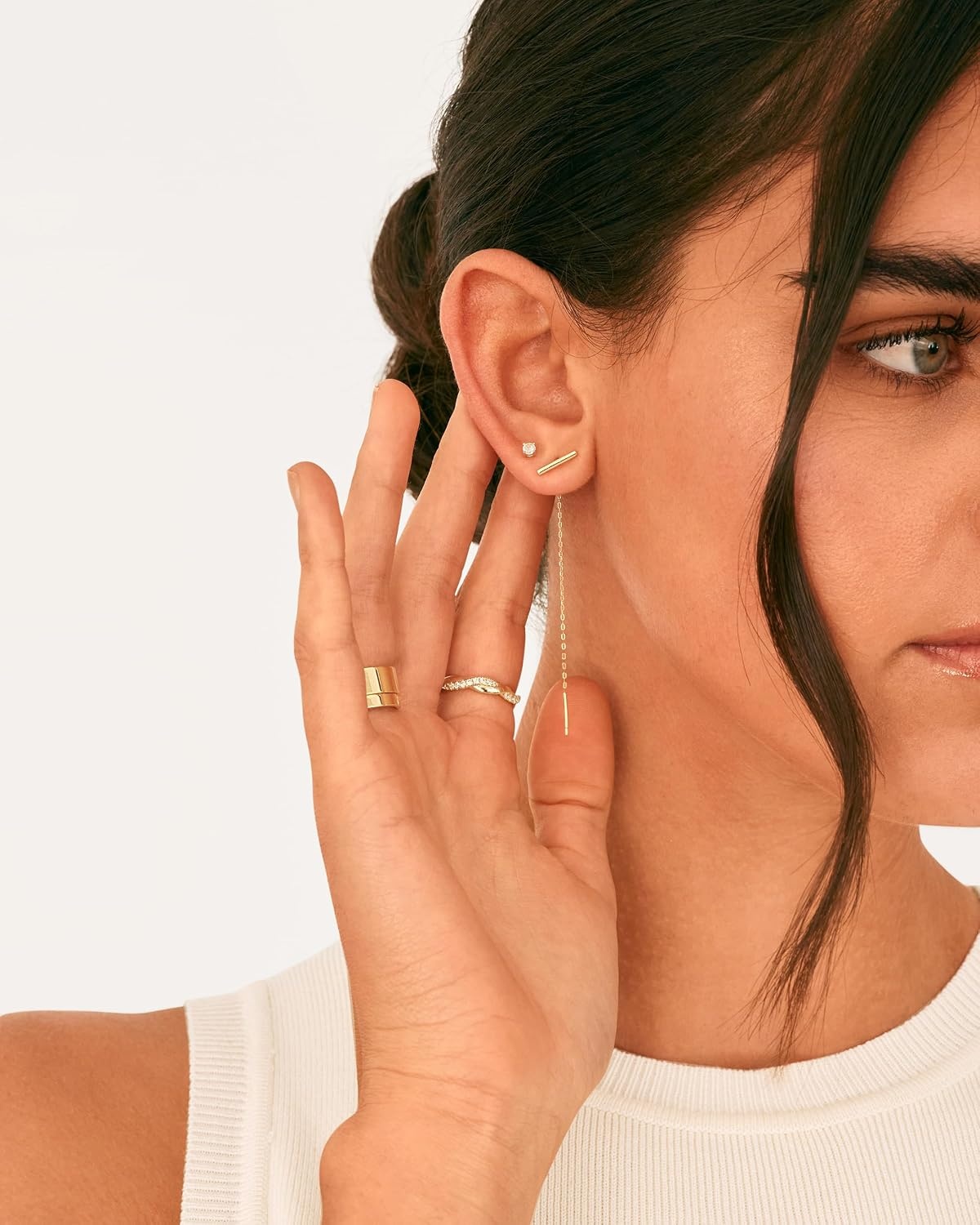 image:imagePAVOI 14K Gold Plated 925 Sterling Silver Post Threader Earrings for Women Minimalist Gold Chain Earrings Double Piercings Dangle Twist WavyWhite Gold