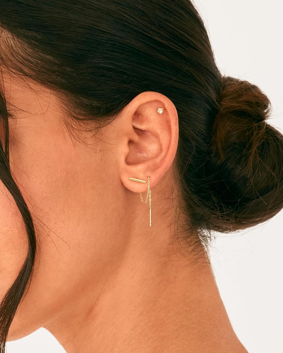 image:imagePAVOI 14K Gold Plated 925 Sterling Silver Post Threader Earrings for Women Minimalist Gold Chain Earrings Double Piercings Dangle Twist WavyWhite Gold