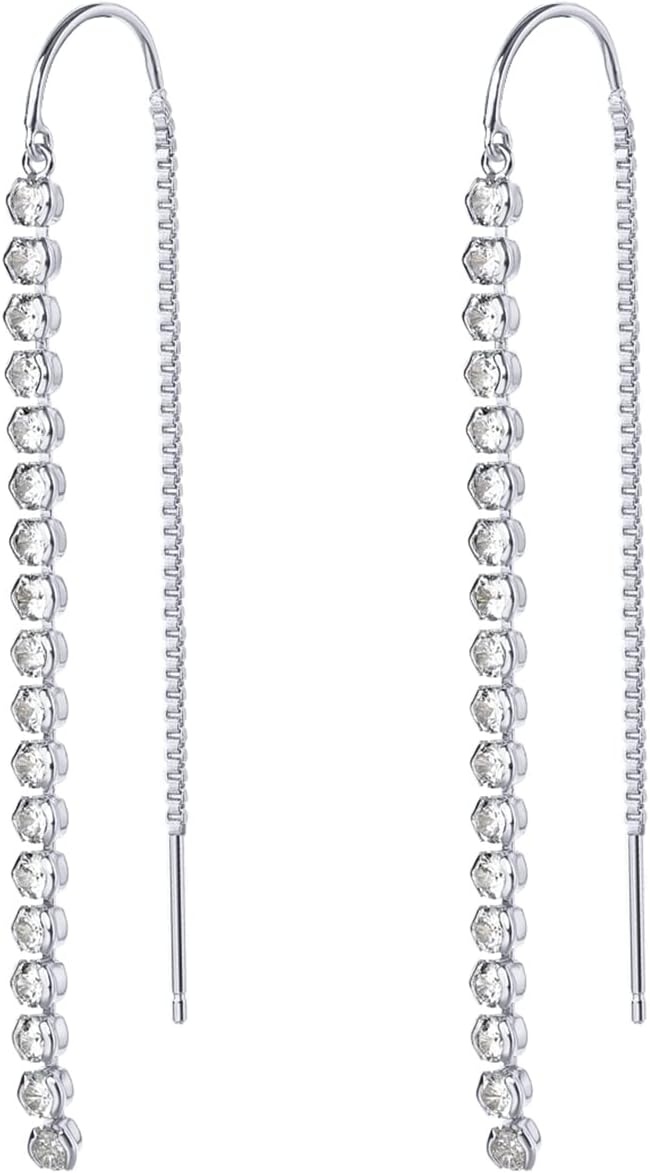 image:imagePAVOI 14K Gold Plated 925 Sterling Silver Post Threader Earrings for Women Minimalist Gold Chain Earrings Double Piercings Dangle Twist WavyWhite Gold