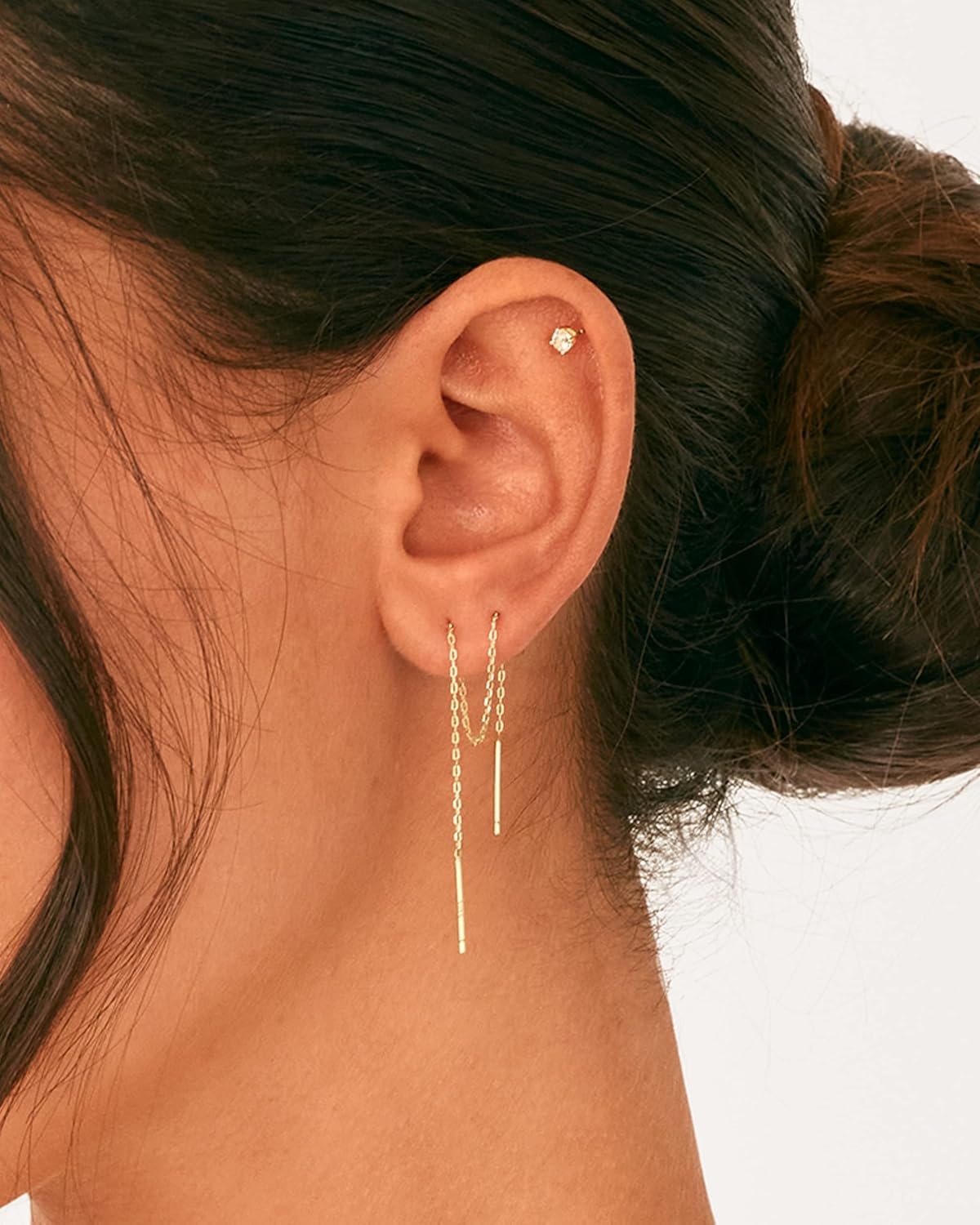 image:imagePAVOI 14K Gold Plated 925 Sterling Silver Post Threader Earrings for Women Minimalist Gold Chain Earrings Double Piercings Dangle Twist WavyWhite Gold