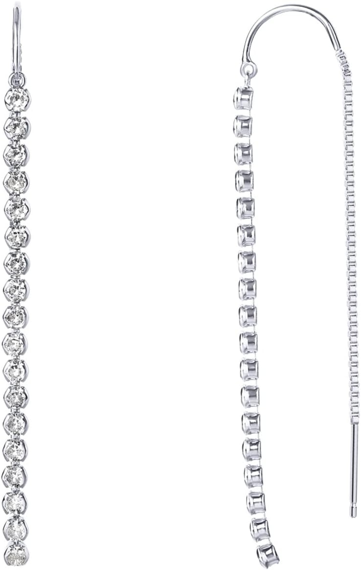 image:imagePAVOI 14K Gold Plated 925 Sterling Silver Post Threader Earrings for Women Minimalist Gold Chain Earrings Double Piercings Dangle Twist WavyWhite Gold