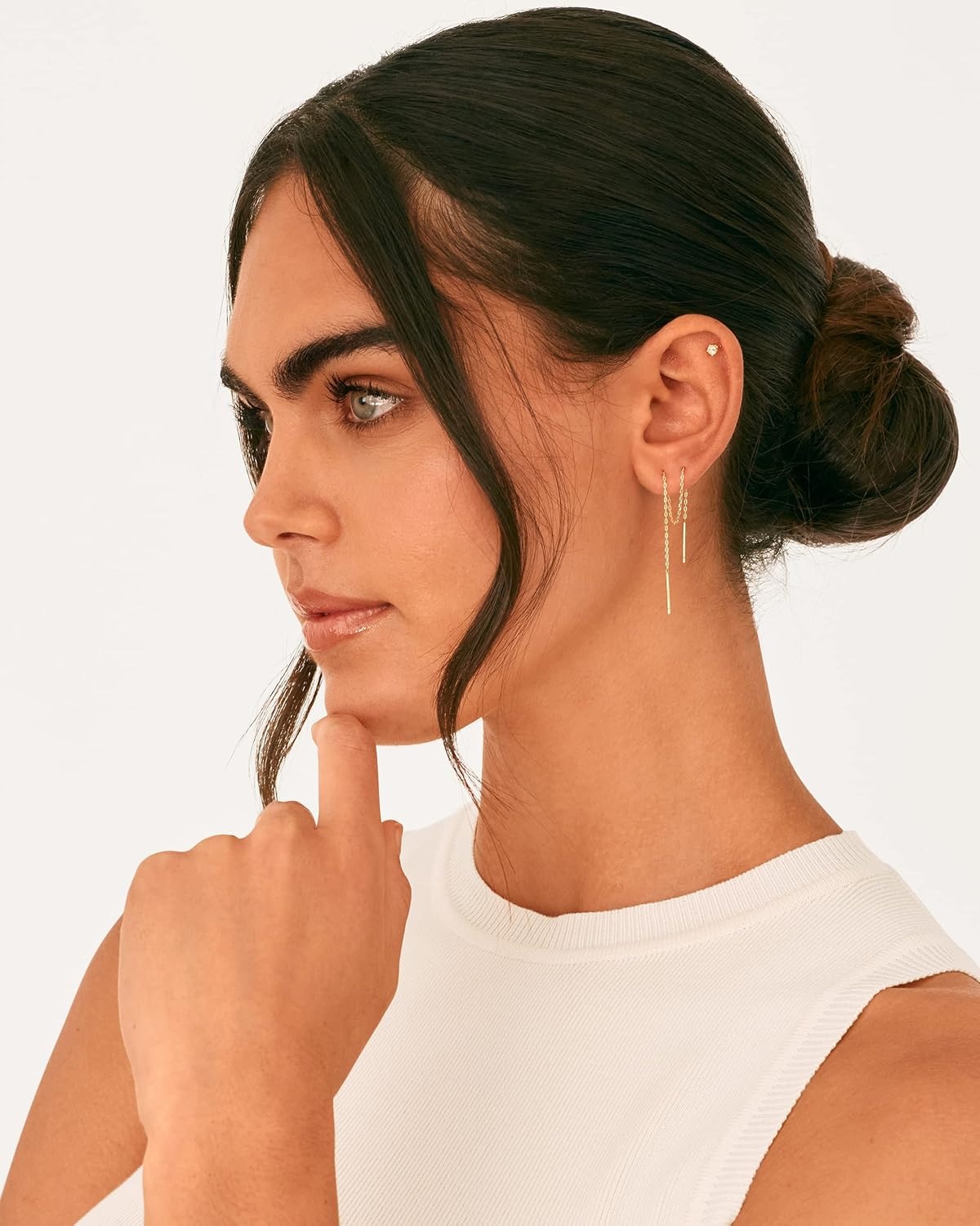 image:imagePAVOI 14K Gold Plated 925 Sterling Silver Post Threader Earrings for Women Minimalist Gold Chain Earrings Double Piercings Dangle Twist WavyWhite Gold