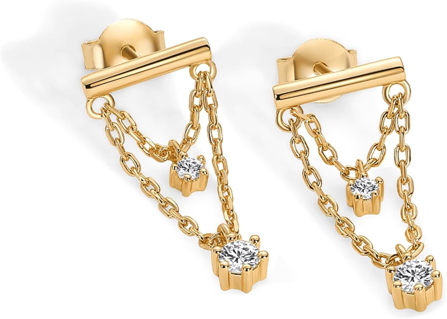 image:imagePAVOI 14K Gold Plated 925 Sterling Silver Posts Bar Drape Chain Earrings for Women Cubic Zirconia Chain Dangle Studs Drop Dangle EarringsYellow Gold