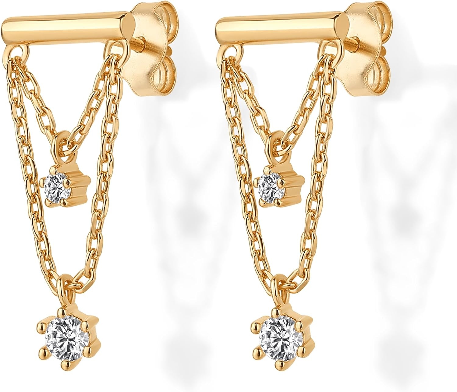 image:imagePAVOI 14K Gold Plated 925 Sterling Silver Posts Bar Drape Chain Earrings for Women Cubic Zirconia Chain Dangle Studs Drop Dangle EarringsYellow Gold