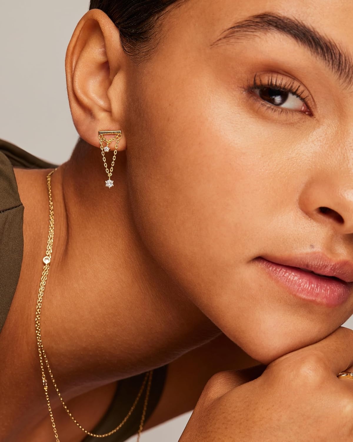 image:imagePAVOI 14K Gold Plated 925 Sterling Silver Posts Bar Drape Chain Earrings for Women Cubic Zirconia Chain Dangle Studs Drop Dangle EarringsYellow Gold