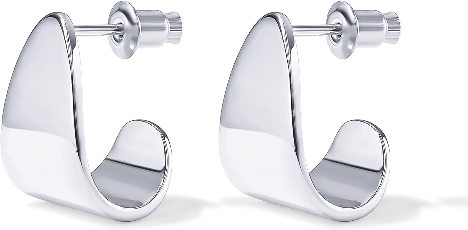 image:imagePAVOI 14K Gold Plated 925 Sterling Silver Posts Chunky Hoop Earrings Statement Huggie Hoops for Women Lightweight Gold Dome EarringsWhite Gold