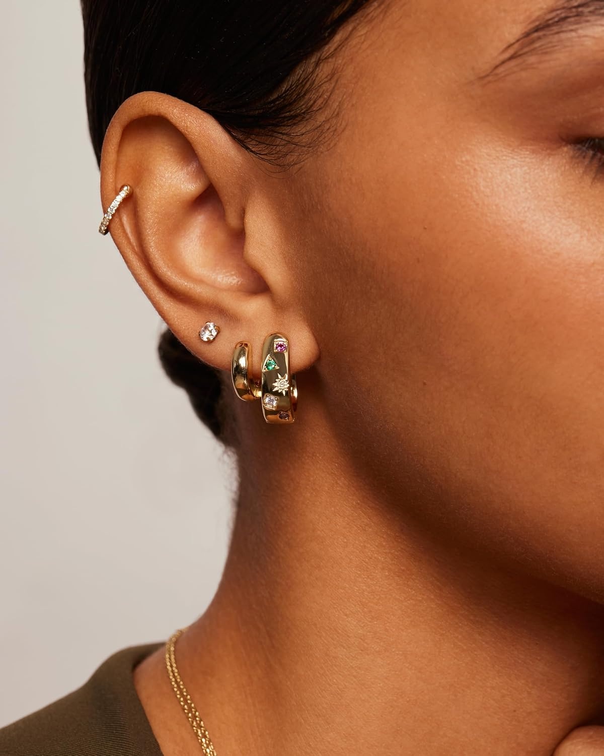 image:imagePAVOI 14K Gold Plated 925 Sterling Silver Posts Chunky Huggie Earrings for Women MultiColored Cubic Zirconia Statement Hoop EarringsWhite Gold