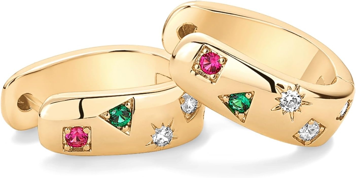 image:imagePAVOI 14K Gold Plated 925 Sterling Silver Posts Chunky Huggie Earrings for Women MultiColored Cubic Zirconia Statement Hoop EarringsYellow Gold