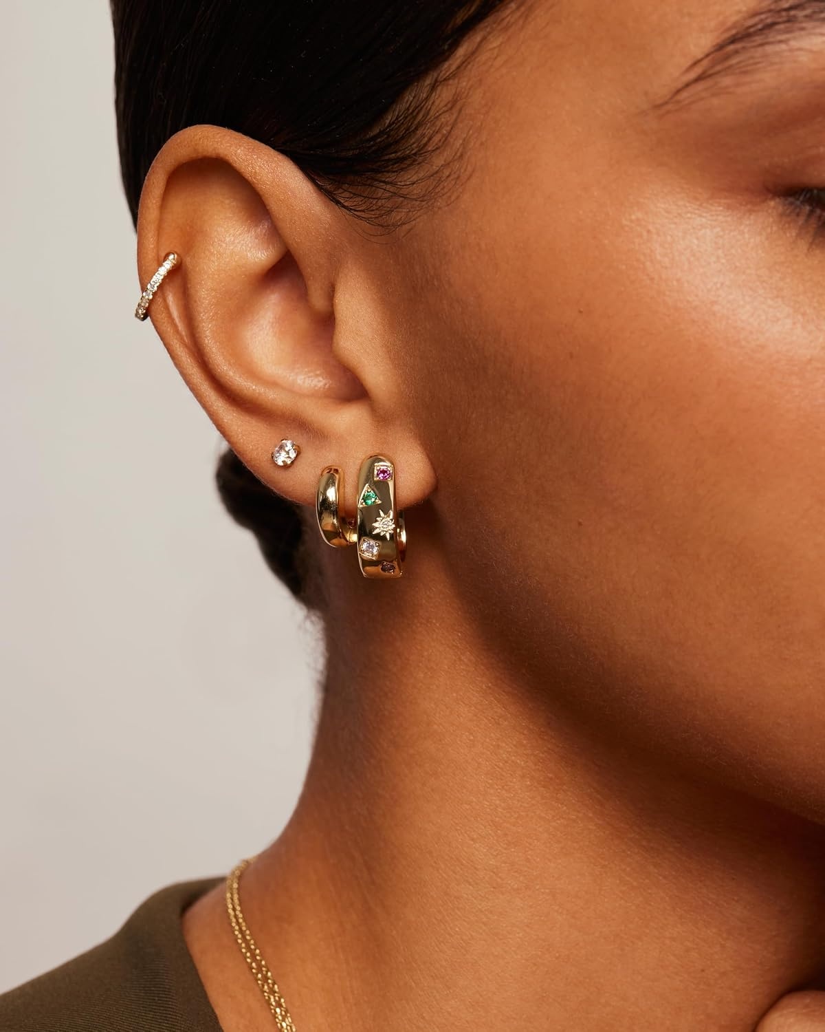 image:imagePAVOI 14K Gold Plated 925 Sterling Silver Posts Chunky Huggie Earrings for Women MultiColored Cubic Zirconia Statement Hoop EarringsYellow Gold