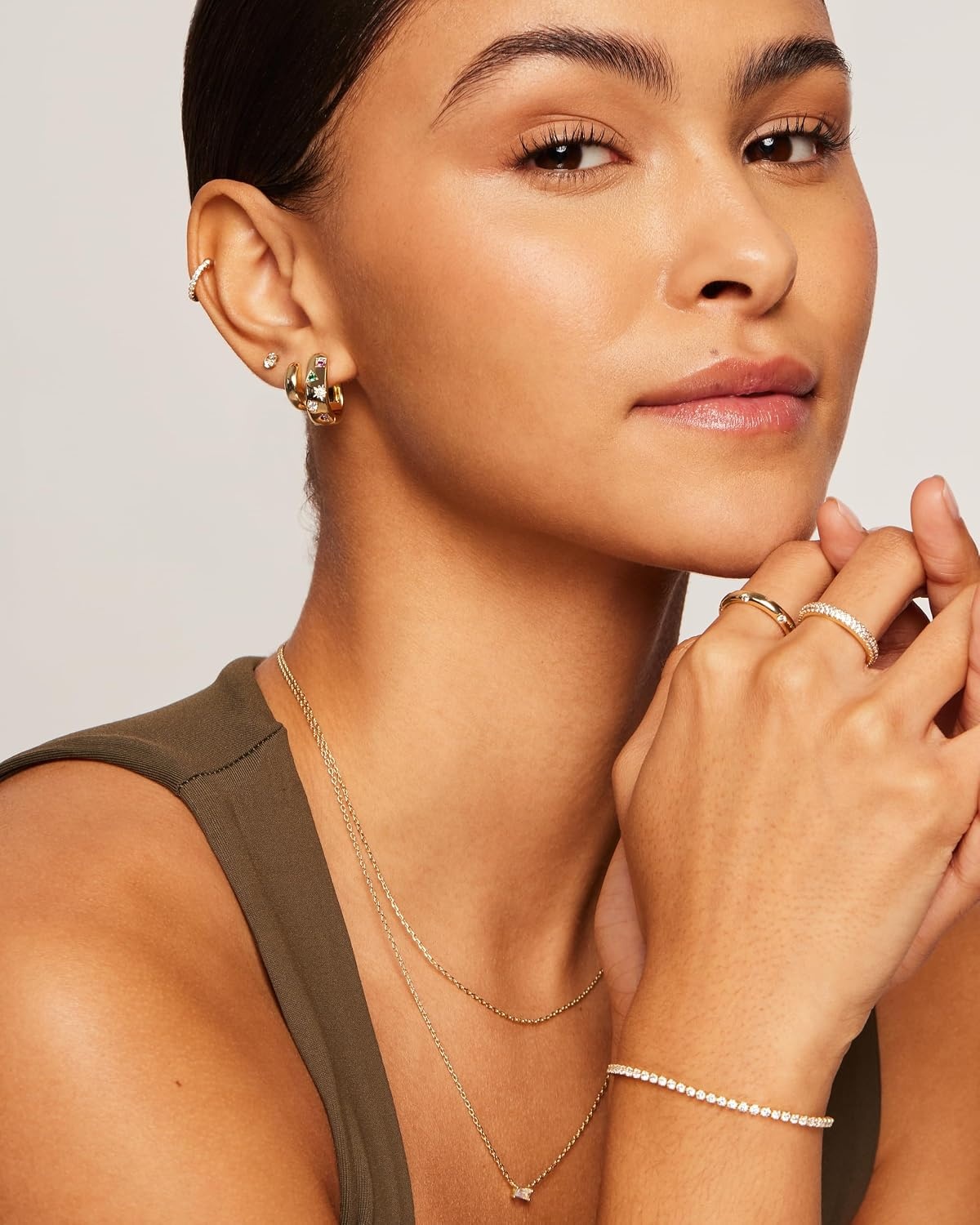 image:imagePAVOI 14K Gold Plated 925 Sterling Silver Posts Chunky Huggie Earrings for Women MultiColored Cubic Zirconia Statement Hoop EarringsYellow Gold
