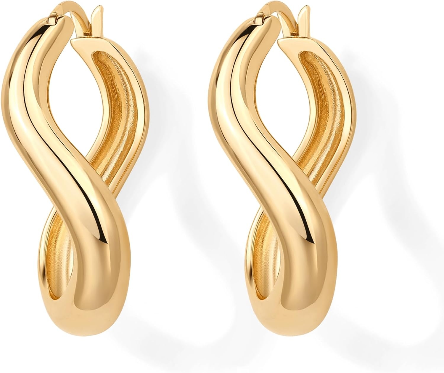 image:imagePAVOI 14K Gold Plated 925 Sterling Silver Posts Chunky Wavy Hoop Earrings for Women Lightweight Statement Twisted Endless Wave Hoops EarringsYellow Gold