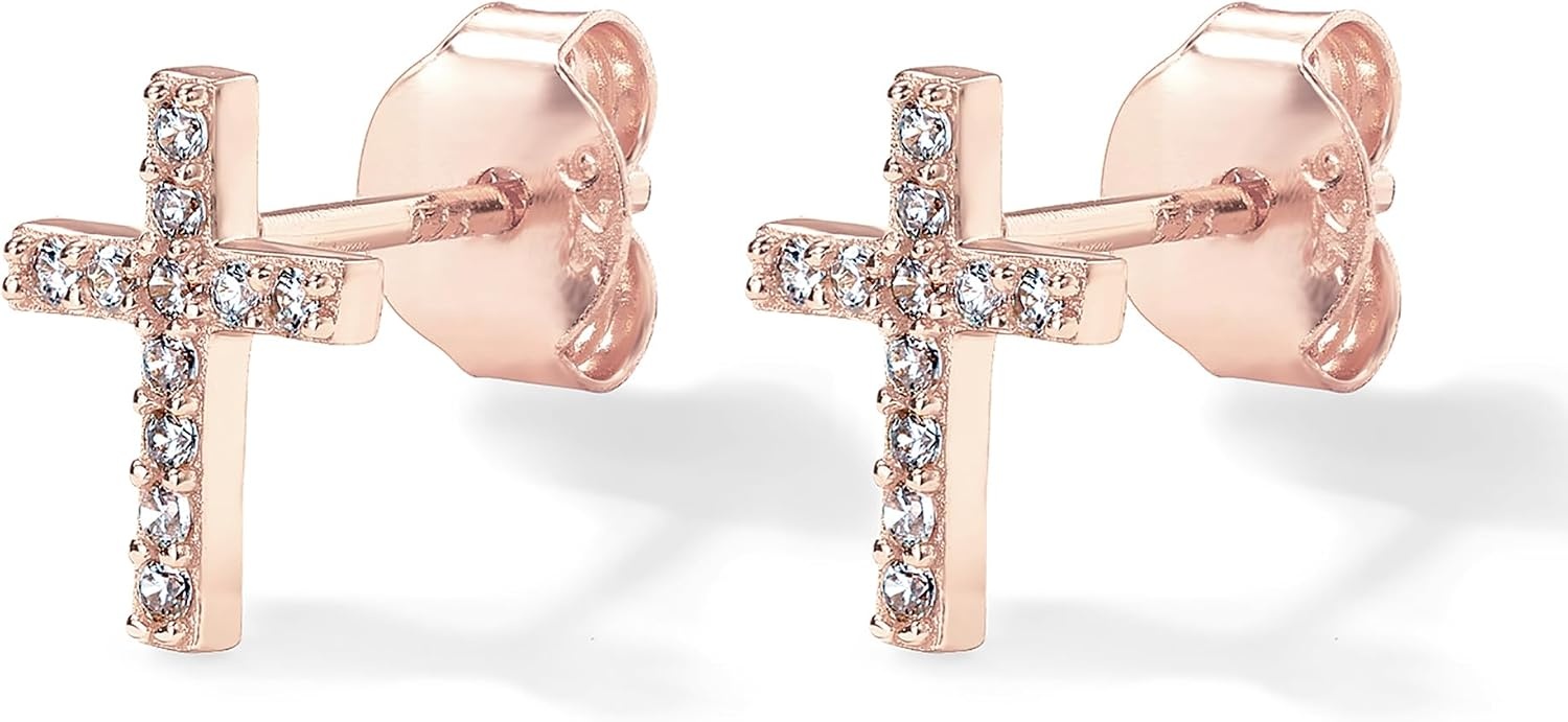 image:imagePAVOI 14K Gold Plated 925 Sterling Silver Posts Cross Earrings for Women Small Religious Faith Cubic Zirconia Cross Studs Huggies EarringsRose Gold