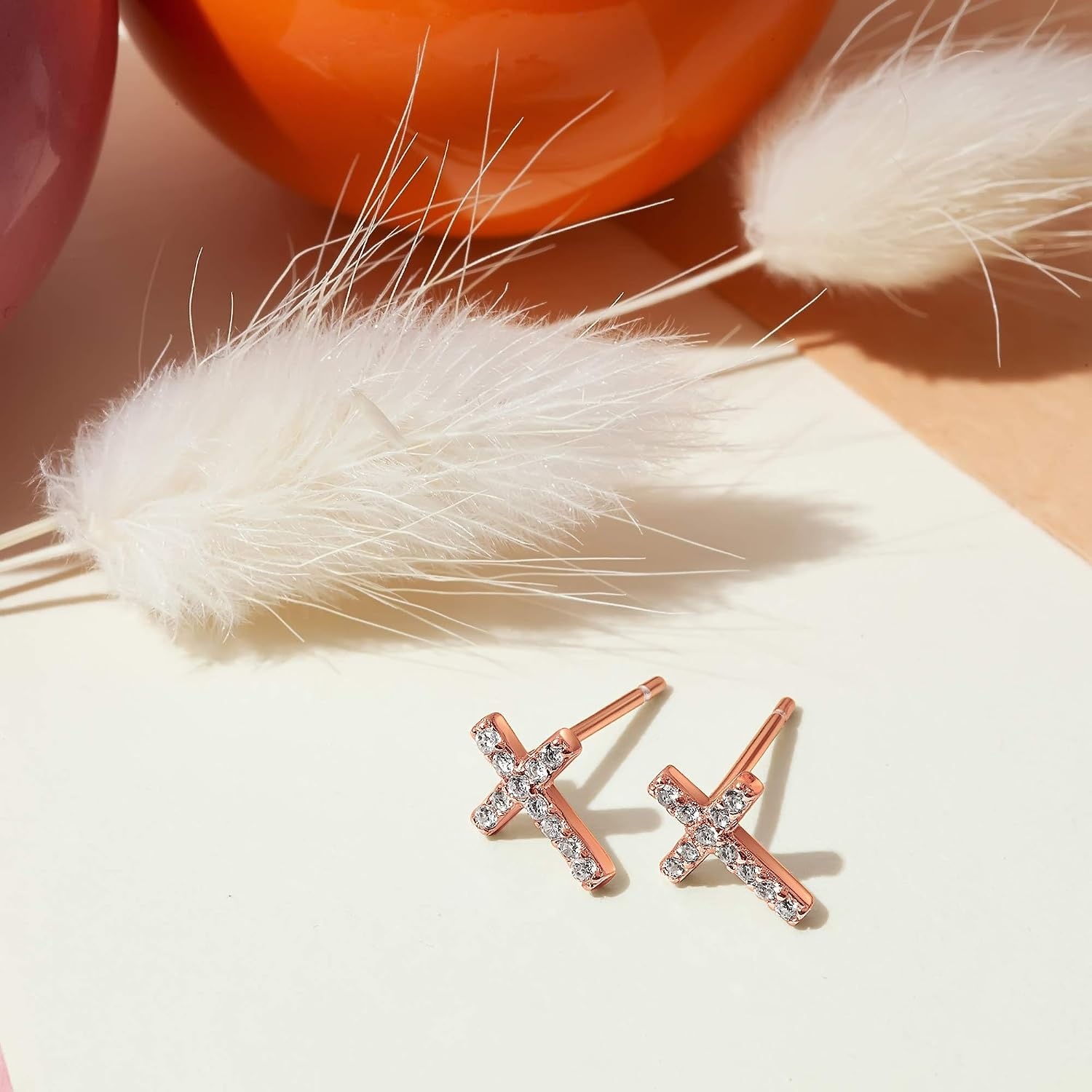 image:imagePAVOI 14K Gold Plated 925 Sterling Silver Posts Cross Earrings for Women Small Religious Faith Cubic Zirconia Cross Studs Huggies EarringsRose Gold