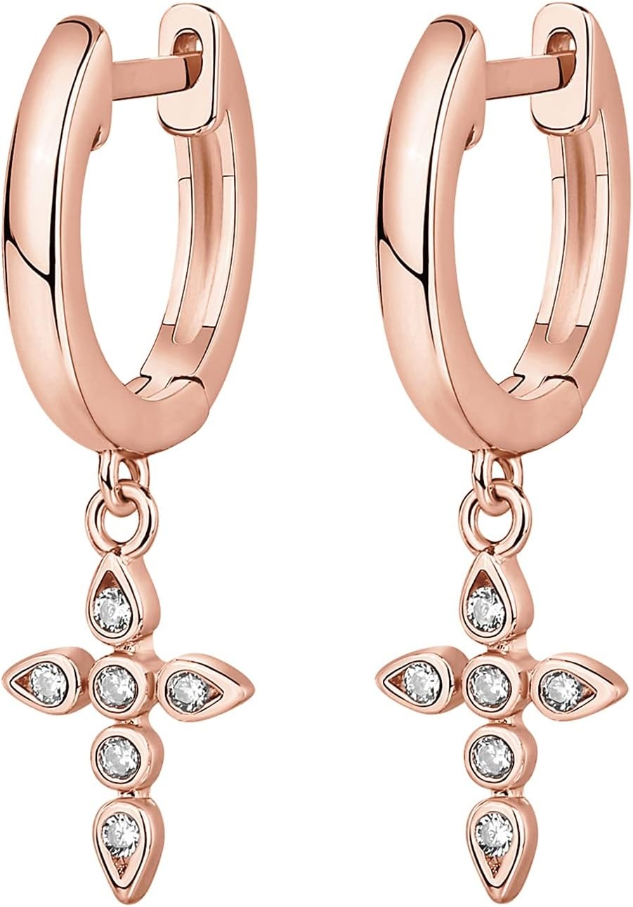 image:imagePAVOI 14K Gold Plated 925 Sterling Silver Posts Cross Earrings for Women Small Religious Faith Cubic Zirconia Cross Studs Huggies EarringsRose Gold
