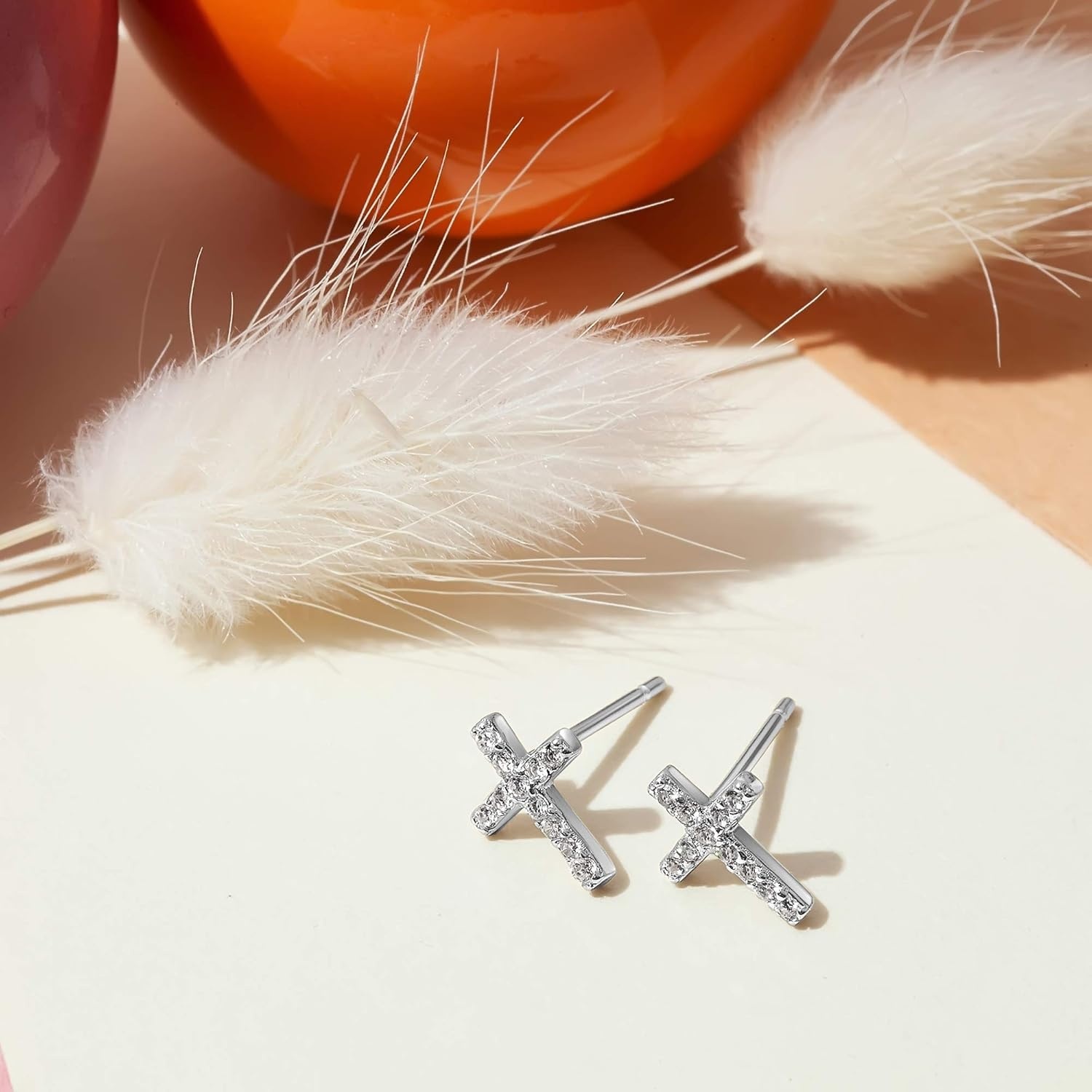 image:imagePAVOI 14K Gold Plated 925 Sterling Silver Posts Cross Earrings for Women Small Religious Faith Cubic Zirconia Cross Studs Huggies EarringsWhite Gold