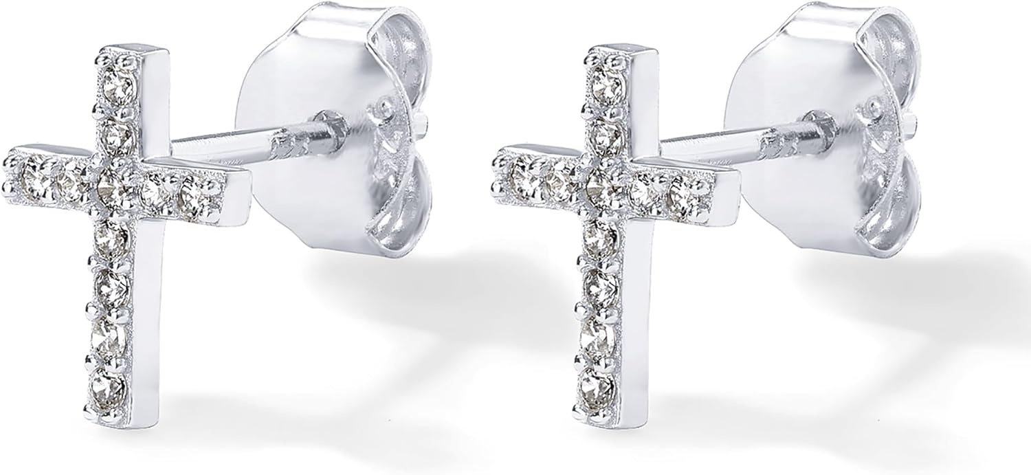 image:imagePAVOI 14K Gold Plated 925 Sterling Silver Posts Cross Earrings for Women Small Religious Faith Cubic Zirconia Cross Studs Huggies EarringsWhite Gold