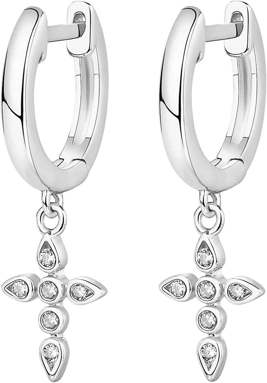 image:imagePAVOI 14K Gold Plated 925 Sterling Silver Posts Cross Earrings for Women Small Religious Faith Cubic Zirconia Cross Studs Huggies EarringsWhite Gold