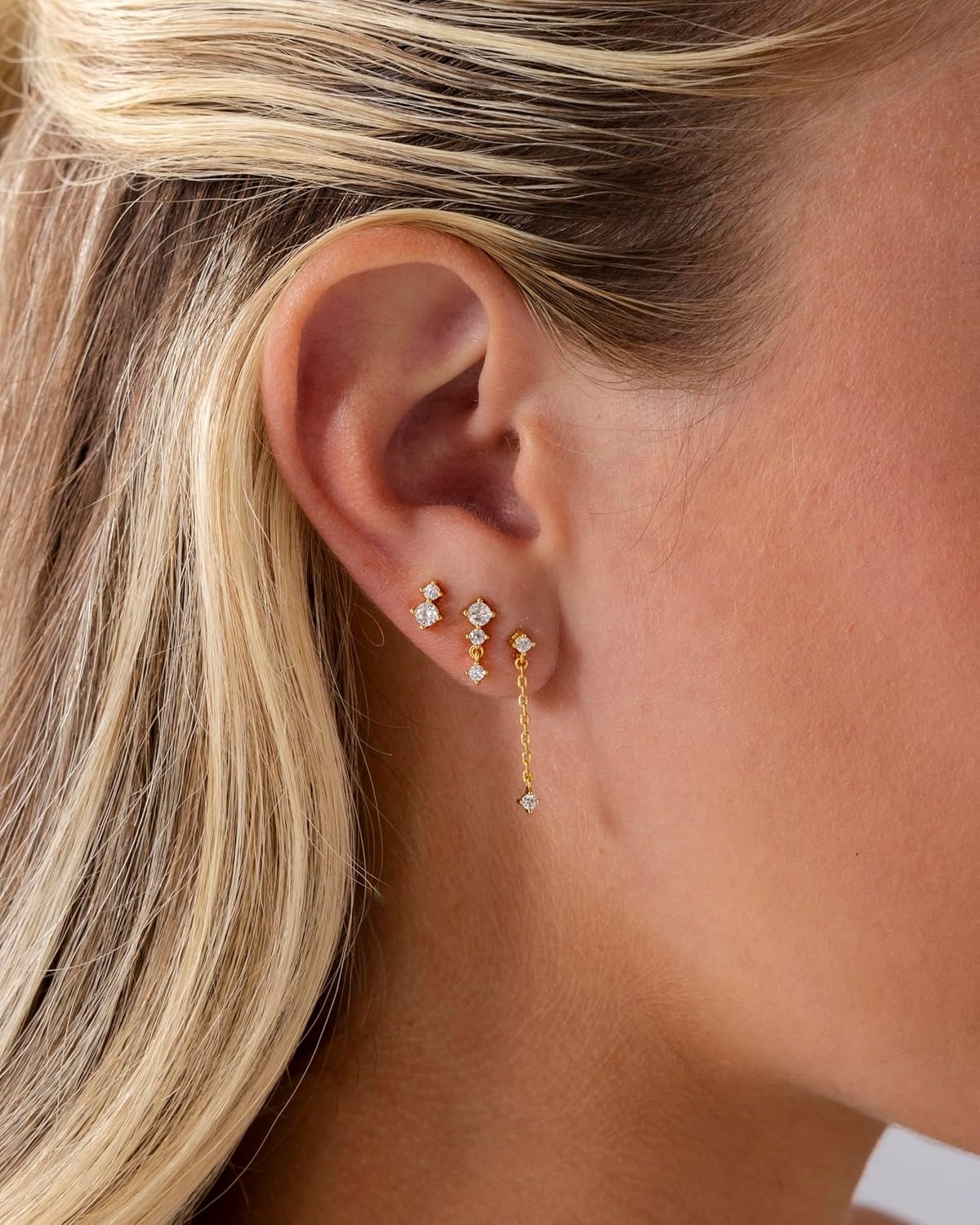 image:imagePAVOI 14K Gold Plated 925 Sterling Silver Posts Dainty Stud and Dangle Chain Earring Pack for Women Set of 3 Cubic Zirconia EarringsWhite Gold