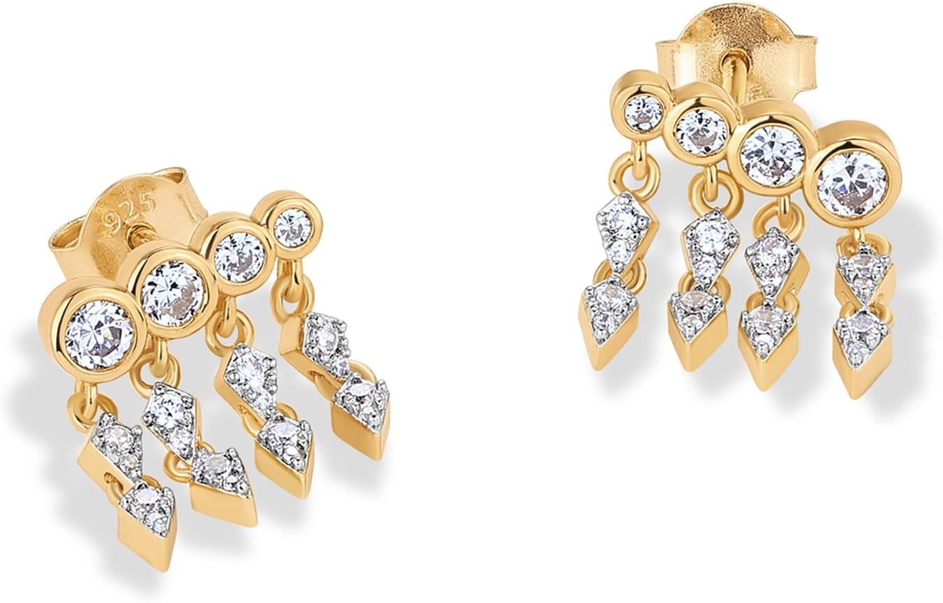 image:imagePAVOI 14K Gold Plated 925 Sterling Silver Posts Drop Dangle Cubic Zirconia Stud Earrings for Women Gold Statement Gradient Crawler Studs EarringCascade