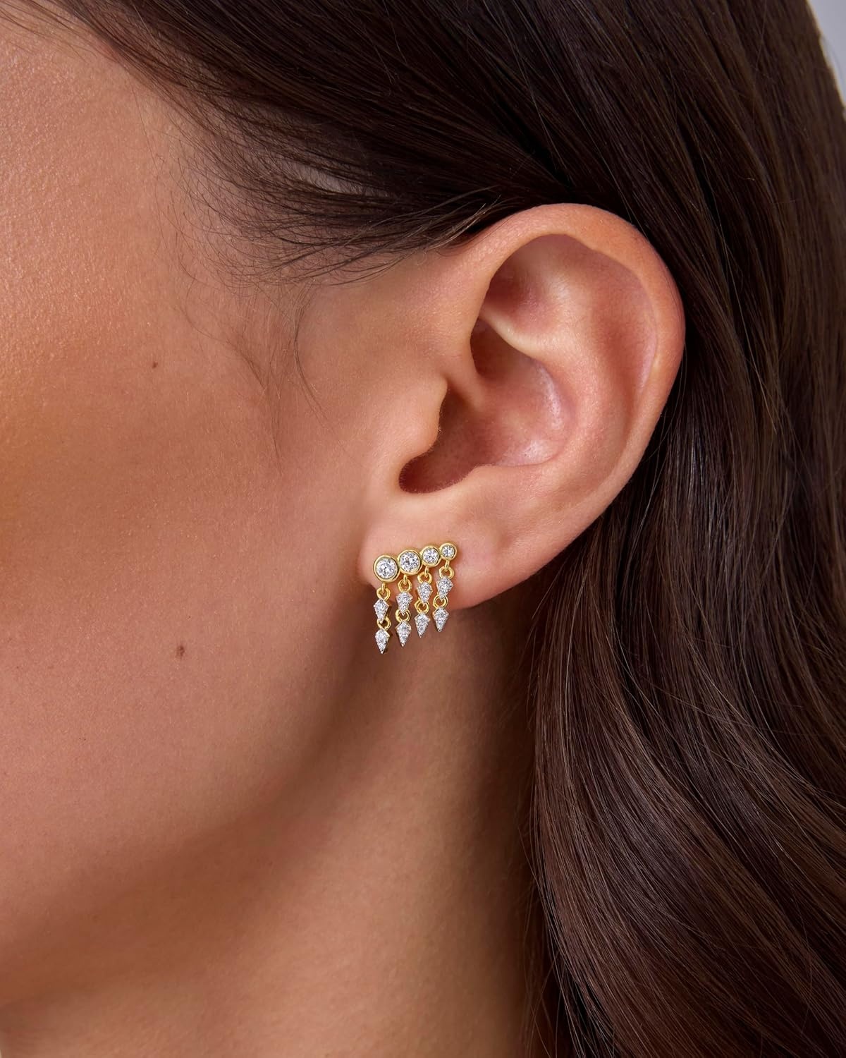 image:imagePAVOI 14K Gold Plated 925 Sterling Silver Posts Drop Dangle Cubic Zirconia Stud Earrings for Women Gold Statement Gradient Crawler Studs EarringCascade