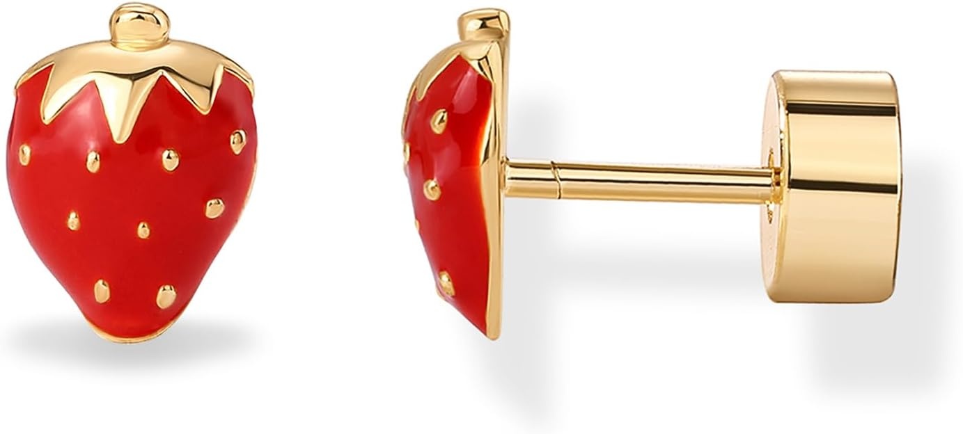 image:imagePAVOI 14K Gold Plated 925 Sterling Silver Posts Enamel Flatback Stud Earrings for Women Colored Chili Pepper Strawberry Cherry Emoji Screwback Earrings Dainty Helix Cartilage Piercing JewelryStrawberry