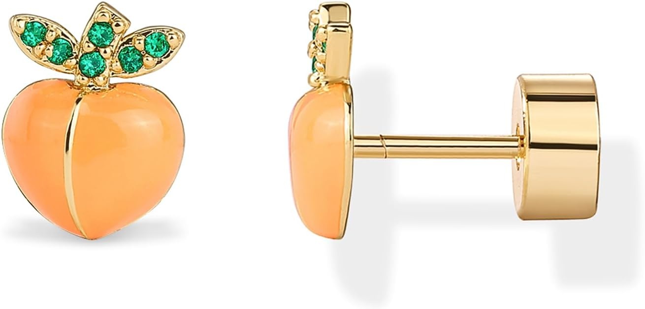 image:imagePAVOI 14K Gold Plated 925 Sterling Silver Posts Enamel Flatback Stud Earrings for Women Colored Chili Pepper Strawberry Cherry Emoji Screwback Earrings Dainty Helix Cartilage Piercing JewelryPeach