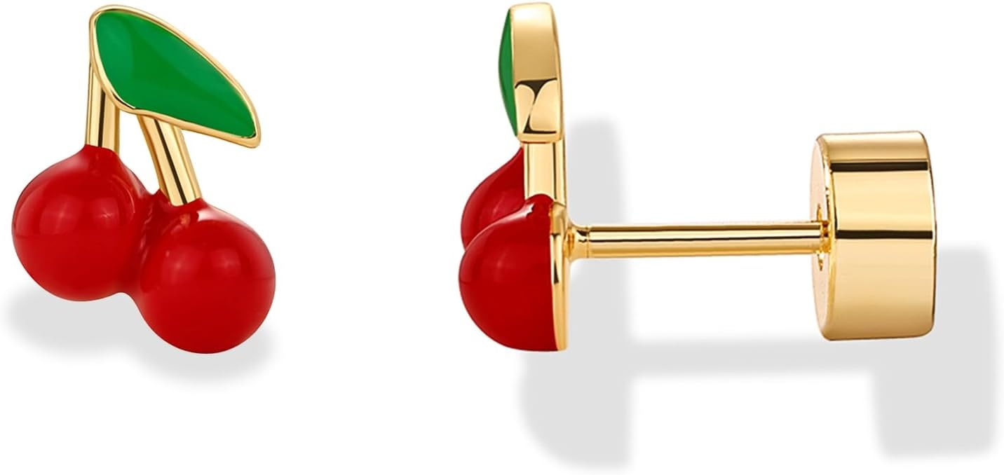 image:imagePAVOI 14K Gold Plated 925 Sterling Silver Posts Enamel Flatback Stud Earrings for Women Colored Chili Pepper Strawberry Cherry Emoji Screwback Earrings Dainty Helix Cartilage Piercing JewelryCherry